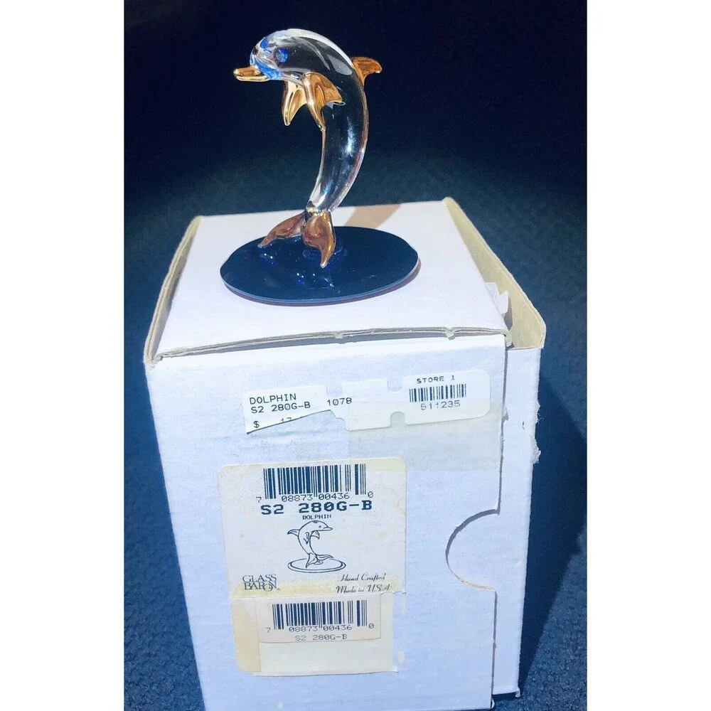 Glass Baron Collectible Crystal Dolphin 2.5” Figurine w/ Gold Trim Accent 280G-B